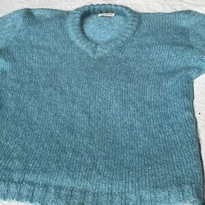 Vtg Garland V Neck Chunky Mohair Sweater Long sleeve MED Robin Egg Blue‎ Retro